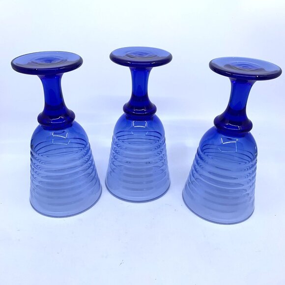 3 Vintage Libbey Ribbed Water Glasses Sirrus Cobalt Blue 7 3/8" Tall Goblet Wine - Picture 6 of 9